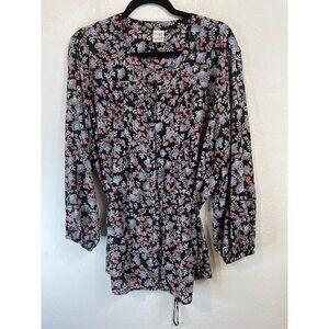 Terra Sky Belted Floral Tunic Blouse Novelty Print Sz 1X Gathered Sleeve
